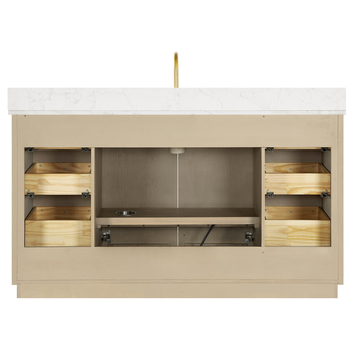 60-Inch Aged Natural Oak Cypress Freestanding Bathroom Vanity with Fish Maw White Quartz Top and Mirror