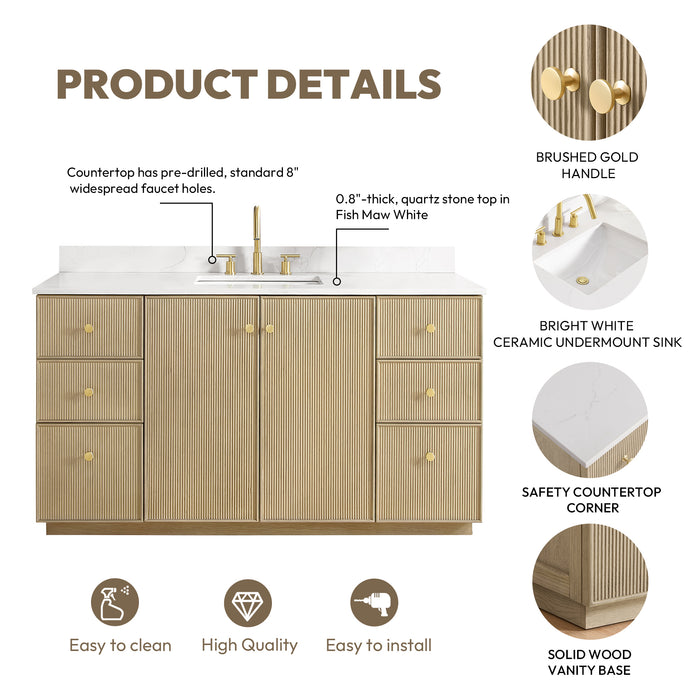 60-Inch Aged Natural Oak Cypress Freestanding Bathroom Vanity with Fish Maw White Quartz Top and Mirror