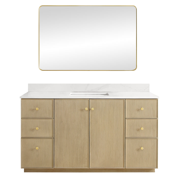 60-Inch Aged Natural Oak Cypress Freestanding Bathroom Vanity with Fish Maw White Quartz Top and Mirror