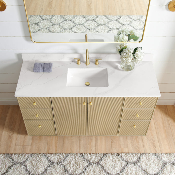 60-Inch Aged Natural Oak Cypress Freestanding Bathroom Vanity with Fish Maw White Quartz Top and Mirror