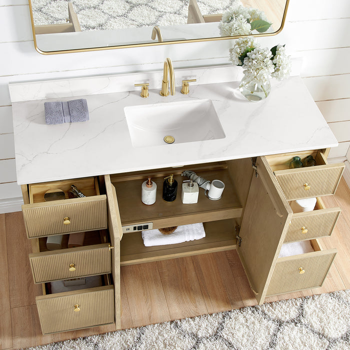 60-Inch Aged Natural Oak Cypress Freestanding Bathroom Vanity with Fish Maw White Quartz Top and Mirror