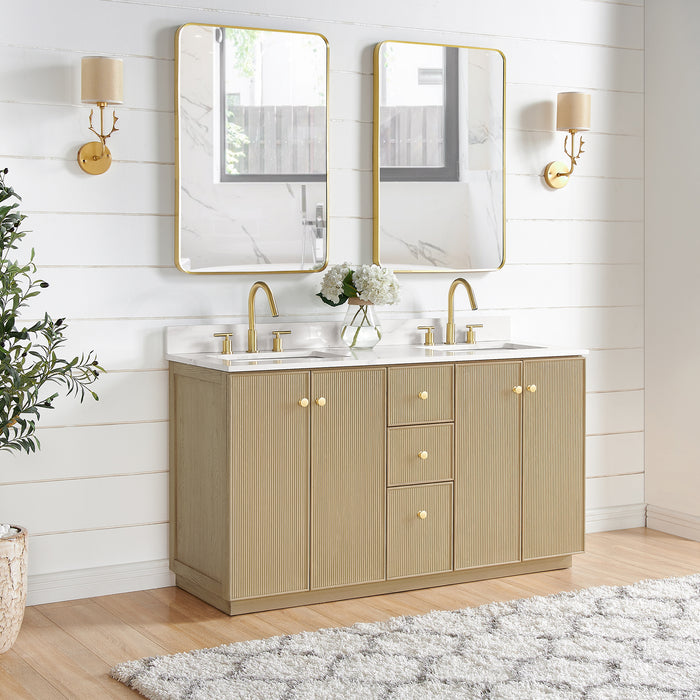 Oza 60M" Free-standing Double Bath Vanity in Aged Natural Oak with Fish Maw White Quartz Stone Top