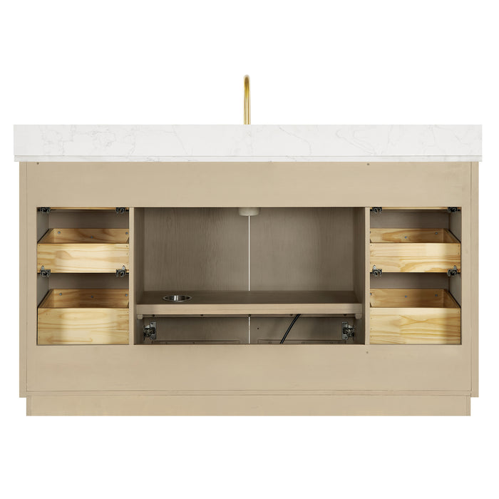 60-Inch Dendron Freestanding Bathroom Vanity Double Basin Aged Natural Oak Fish Maw White Quartz Soft Close Mirror
