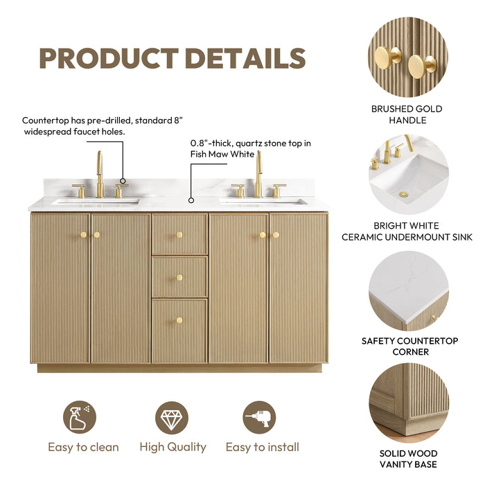 60-Inch Dendron Freestanding Bathroom Vanity Double Basin Aged Natural Oak Fish Maw White Quartz Soft Close Mirror