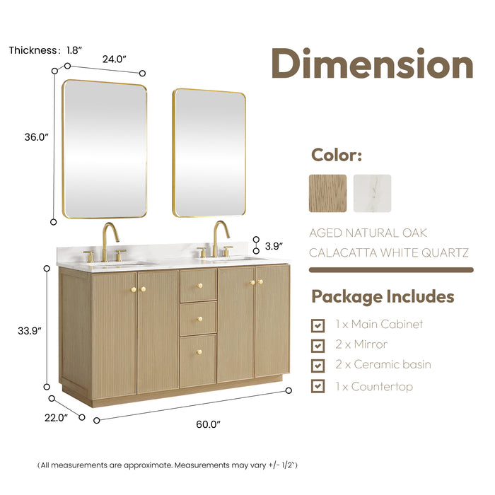 60-Inch Dendron Freestanding Bathroom Vanity Double Basin Aged Natural Oak Fish Maw White Quartz Soft Close Mirror