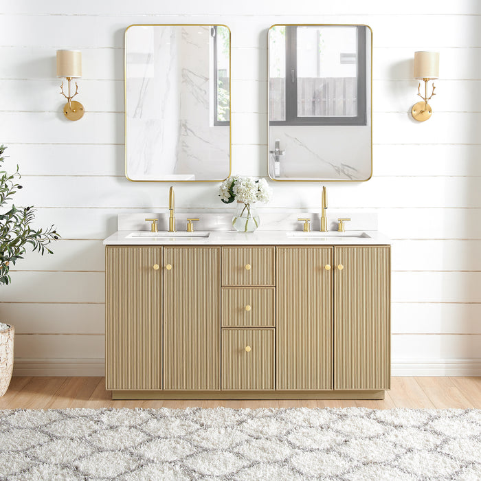 60-Inch Dendron Freestanding Bathroom Vanity Double Basin Aged Natural Oak Fish Maw White Quartz Soft Close Mirror