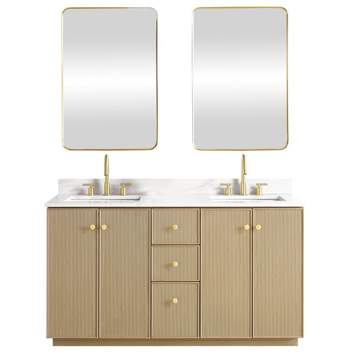 60-Inch Dendron Freestanding Bathroom Vanity Double Basin Aged Natural Oak Fish Maw White Quartz Soft Close Mirror