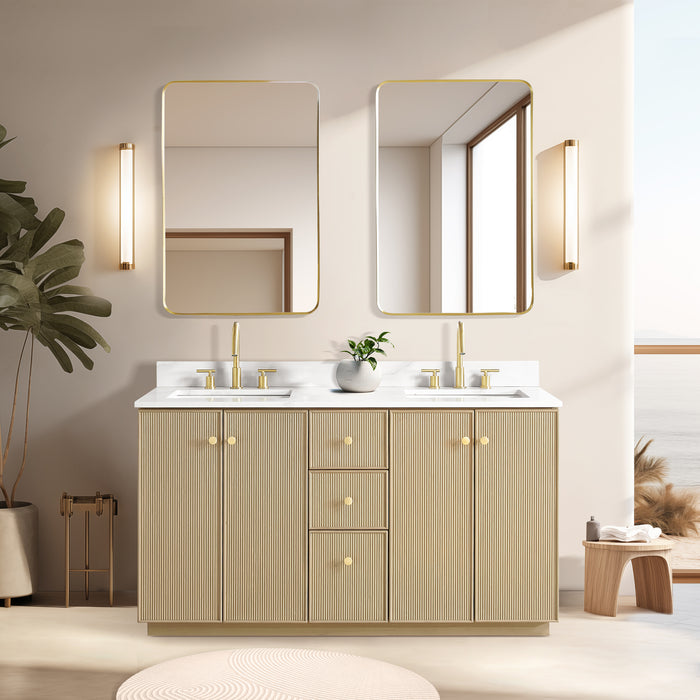60-Inch Dendron Freestanding Bathroom Vanity Double Basin Aged Natural Oak Fish Maw White Quartz Soft Close Mirror