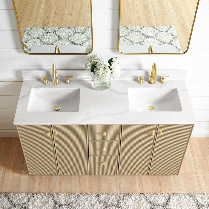 60-Inch Dendron Freestanding Bathroom Vanity Double Basin Aged Natural Oak Fish Maw White Quartz Soft Close Mirror