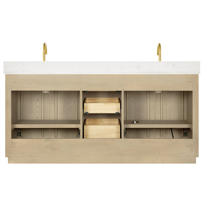 72-Inch Earthen Double Vanity Aged Natural Oak Freestanding with Fish Maw White Quartz Countertop