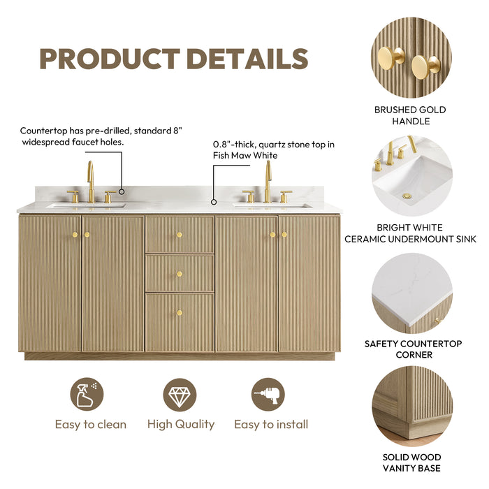 72-Inch Earthen Double Vanity Aged Natural Oak Freestanding with Fish Maw White Quartz Countertop