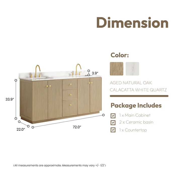 72-Inch Earthen Double Vanity Aged Natural Oak Freestanding with Fish Maw White Quartz Countertop