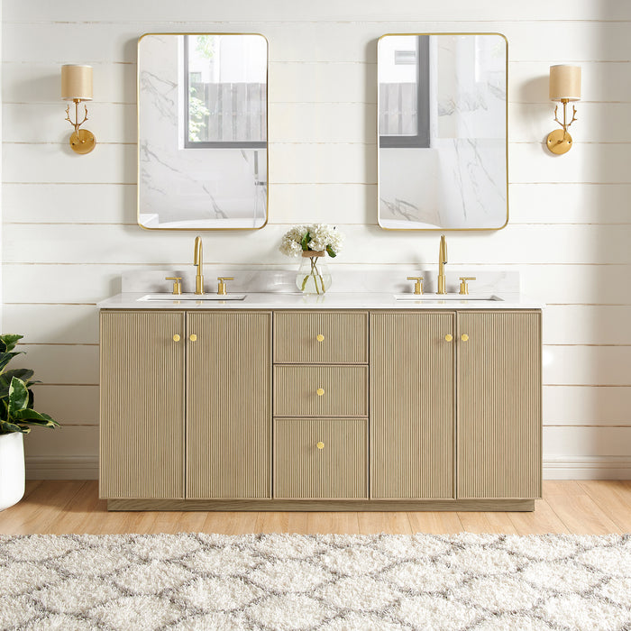 72-Inch Earthen Double Vanity Aged Natural Oak Freestanding with Fish Maw White Quartz Countertop