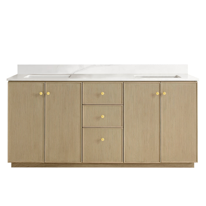 72-Inch Earthen Double Vanity Aged Natural Oak Freestanding with Fish Maw White Quartz Countertop