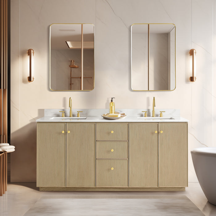 72-Inch Earthen Double Vanity Aged Natural Oak Freestanding with Fish Maw White Quartz Countertop