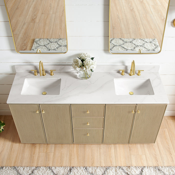 72-Inch Earthen Double Vanity Aged Natural Oak Freestanding with Fish Maw White Quartz Countertop