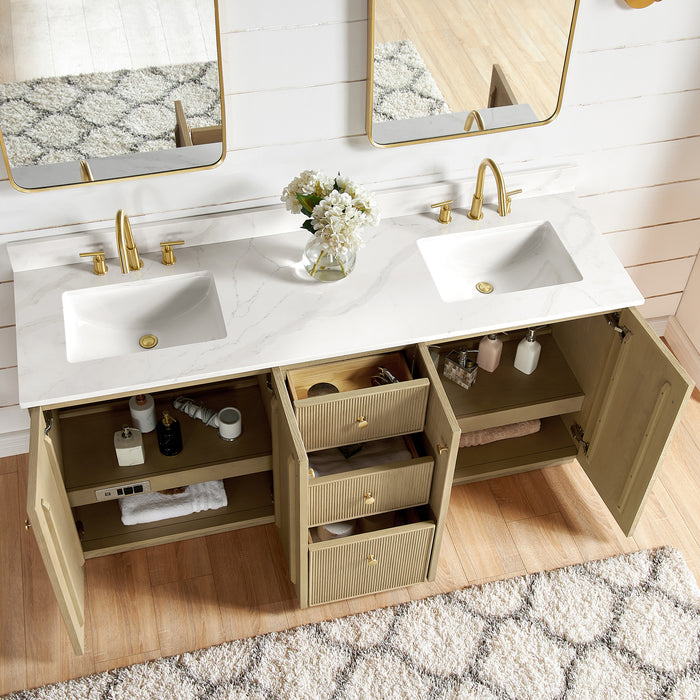 72-Inch Earthen Double Vanity Aged Natural Oak Freestanding with Fish Maw White Quartz Countertop