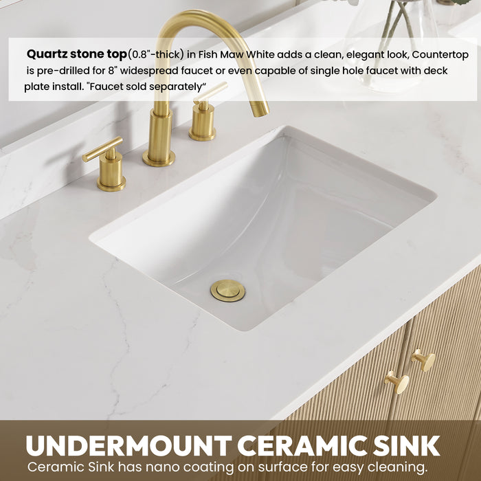 72-Inch Earthen Double Vanity Aged Natural Oak Freestanding with Fish Maw White Quartz Countertop