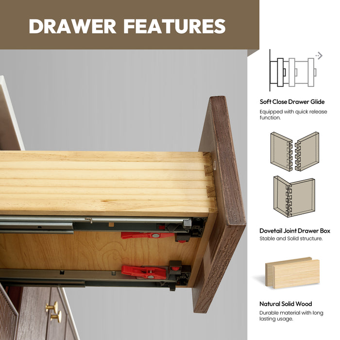 84-Inch Free Standing Eglantine Double Bath Vanity - Dark Brown Oak Wood with Fish Maw White Quartz Countertop