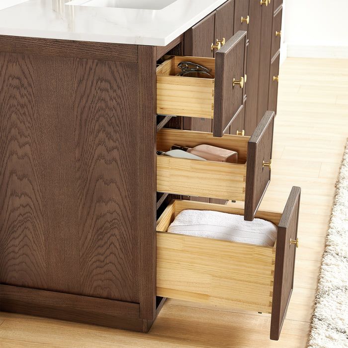 84-Inch Free Standing Eglantine Double Bath Vanity - Dark Brown Oak Wood with Fish Maw White Quartz Countertop