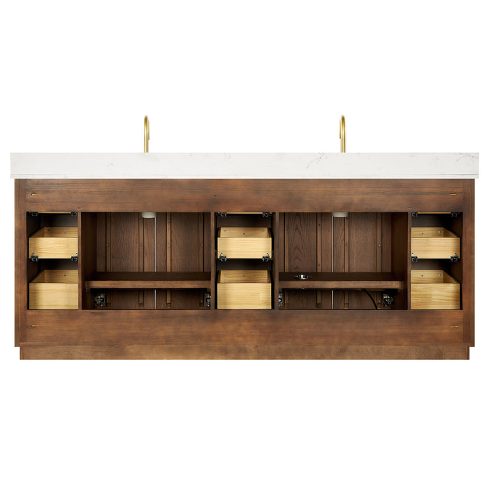 84-Inch Free Standing Eglantine Double Bath Vanity - Dark Brown Oak Wood with Fish Maw White Quartz Countertop