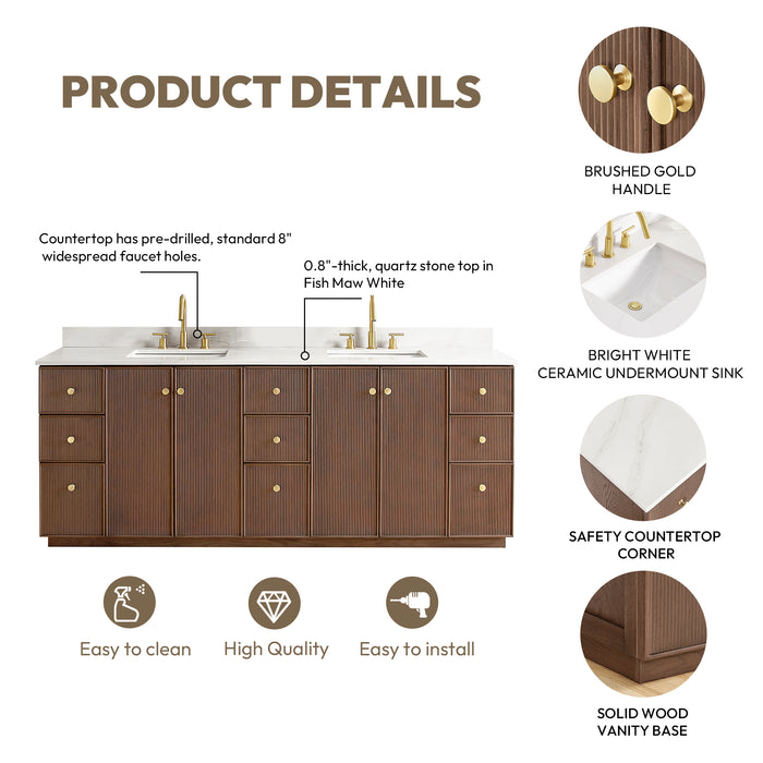 84-Inch Free Standing Eglantine Double Bath Vanity - Dark Brown Oak Wood with Fish Maw White Quartz Countertop