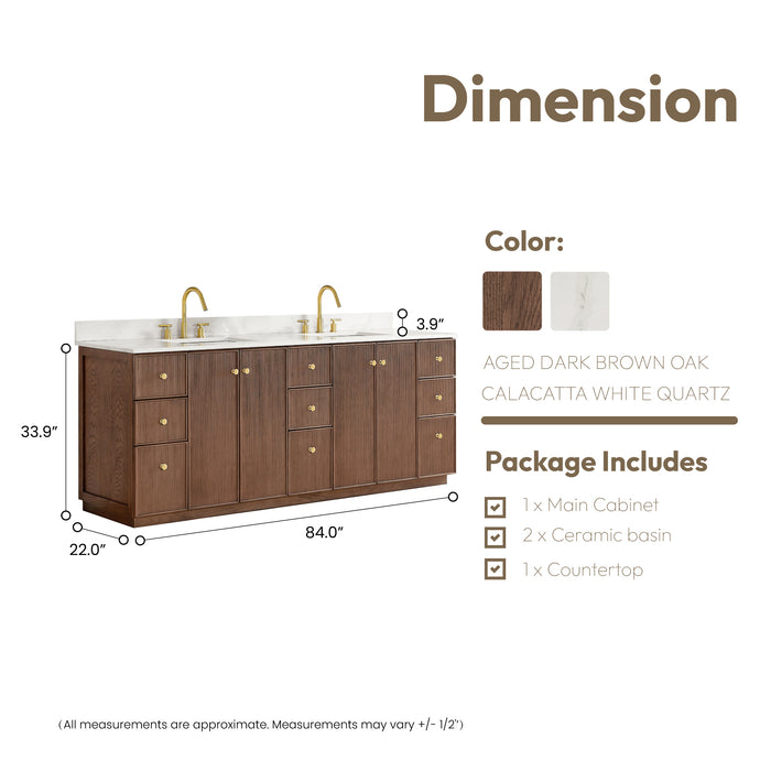 84-Inch Free Standing Eglantine Double Bath Vanity - Dark Brown Oak Wood with Fish Maw White Quartz Countertop