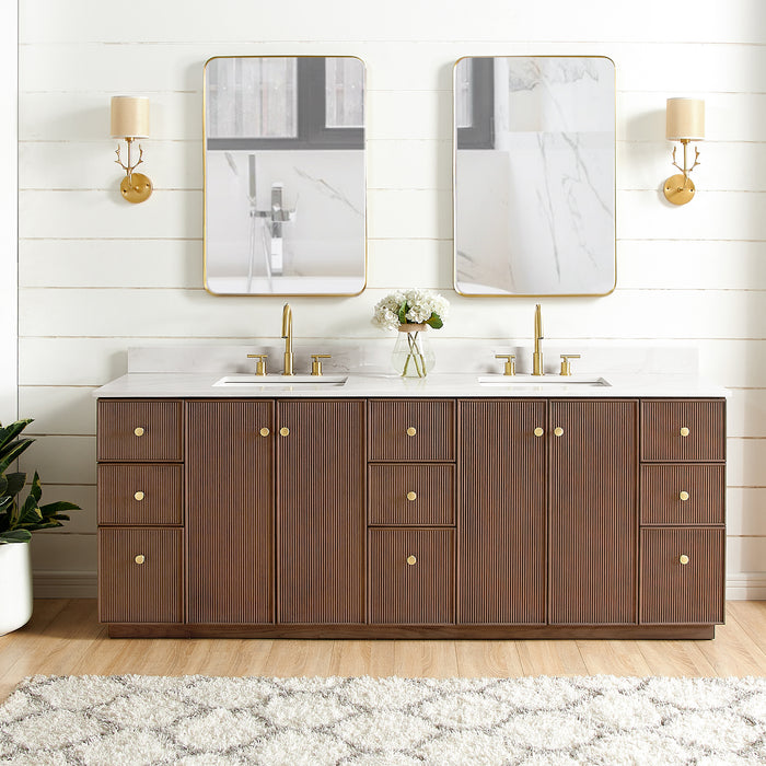 84-Inch Free Standing Eglantine Double Bath Vanity - Dark Brown Oak Wood with Fish Maw White Quartz Countertop