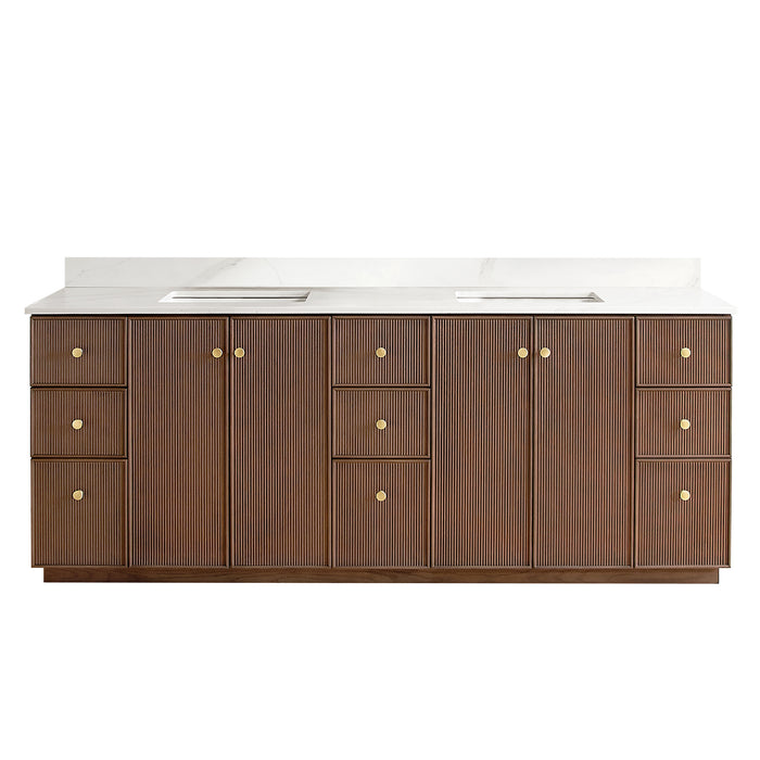 84-Inch Free Standing Eglantine Double Bath Vanity - Dark Brown Oak Wood with Fish Maw White Quartz Countertop