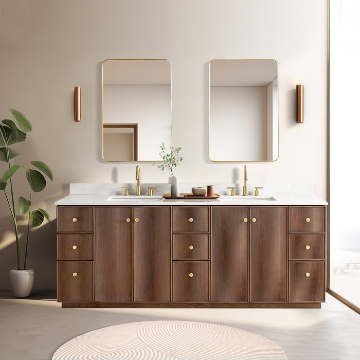 84-Inch Free Standing Eglantine Double Bath Vanity - Dark Brown Oak Wood with Fish Maw White Quartz Countertop