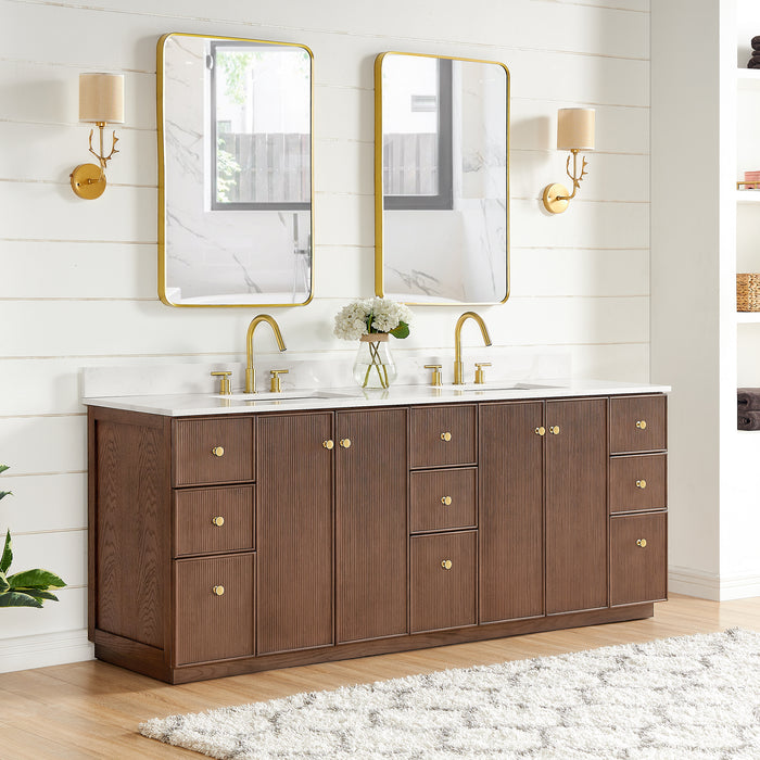 84-Inch Free Standing Eglantine Double Bath Vanity - Dark Brown Oak Wood with Fish Maw White Quartz Countertop