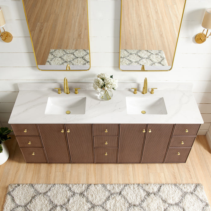 84-Inch Free Standing Eglantine Double Bath Vanity - Dark Brown Oak Wood with Fish Maw White Quartz Countertop