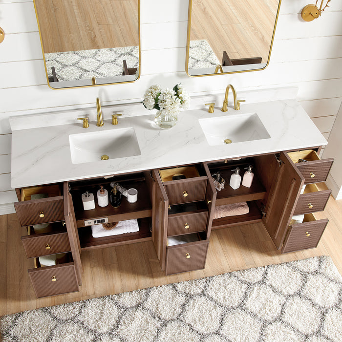 84-Inch Free Standing Eglantine Double Bath Vanity - Dark Brown Oak Wood with Fish Maw White Quartz Countertop