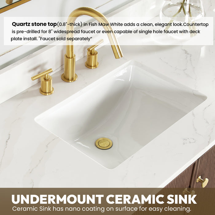 84-Inch Free Standing Eglantine Double Bath Vanity - Dark Brown Oak Wood with Fish Maw White Quartz Countertop