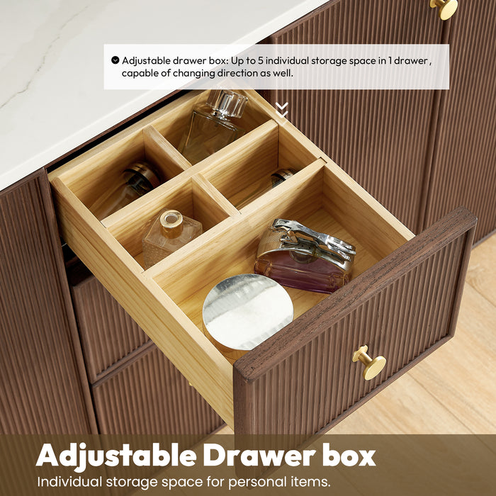 84-Inch Free Standing Eglantine Double Bath Vanity - Dark Brown Oak Wood with Fish Maw White Quartz Countertop