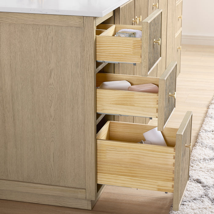 84-Inch Emanate Double Vanity - Natural Oak Finish with White Quartz Top & Undermount Sink