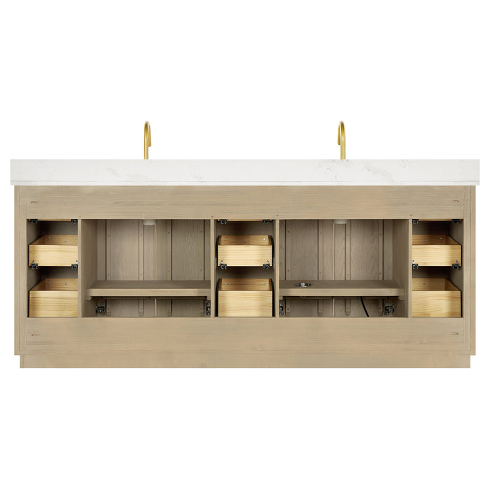 84-Inch Emanate Double Vanity - Natural Oak Finish with White Quartz Top & Undermount Sink