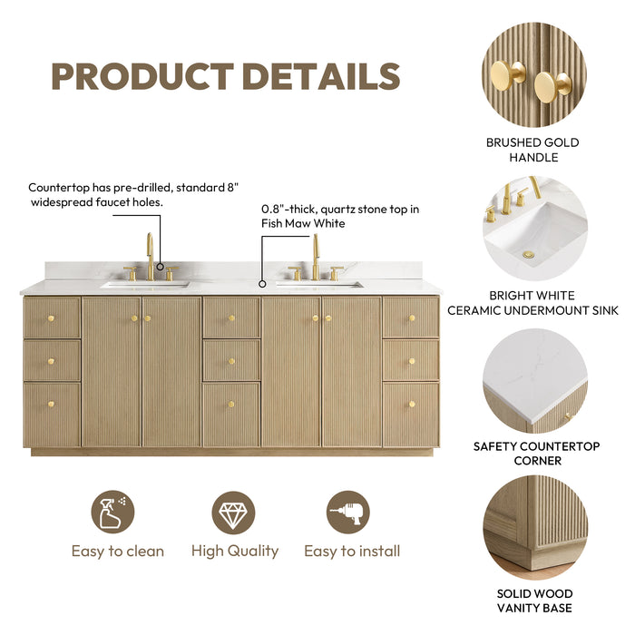 84-Inch Emanate Double Vanity - Natural Oak Finish with White Quartz Top & Undermount Sink