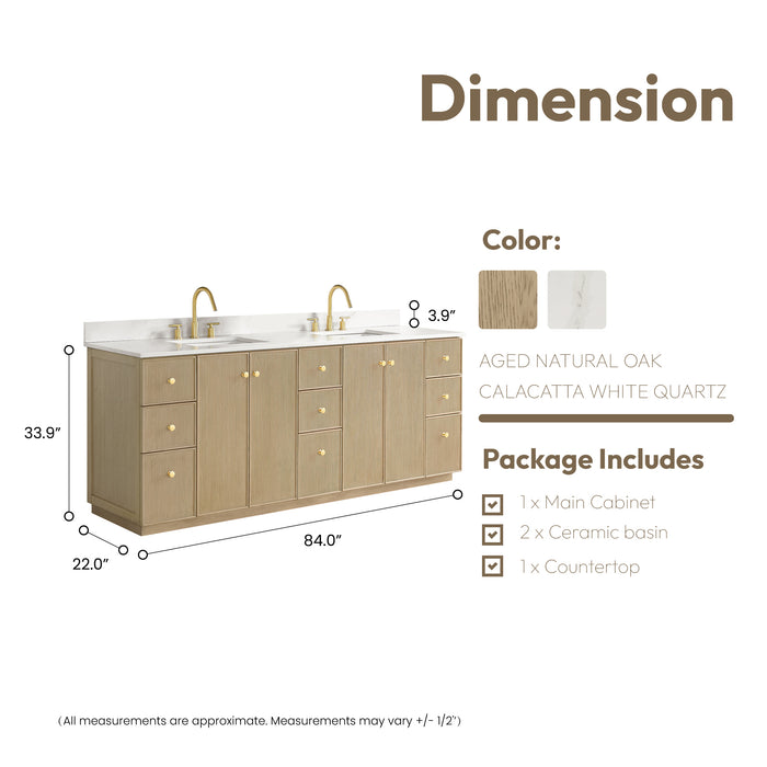 84-Inch Emanate Double Vanity - Natural Oak Finish with White Quartz Top & Undermount Sink