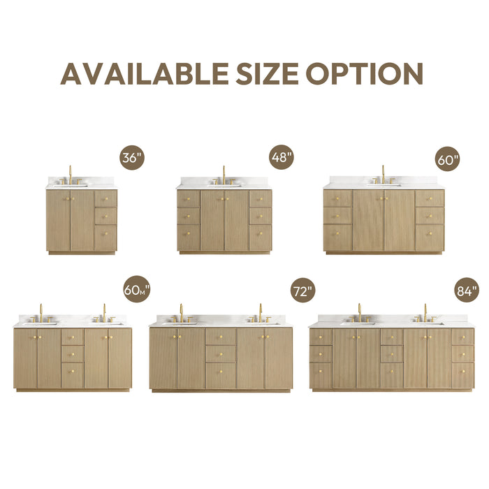 84-Inch Emanate Double Vanity - Natural Oak Finish with White Quartz Top & Undermount Sink