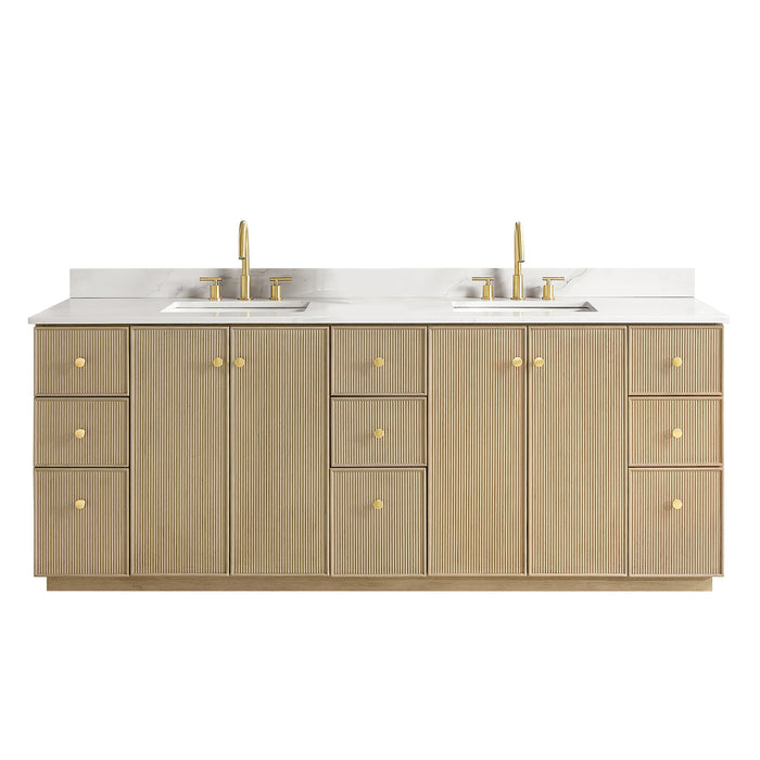84-Inch Emanate Double Vanity - Natural Oak Finish with White Quartz Top & Undermount Sink