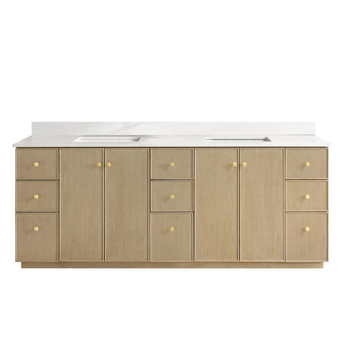 84-Inch Emanate Double Vanity - Natural Oak Finish with White Quartz Top & Undermount Sink