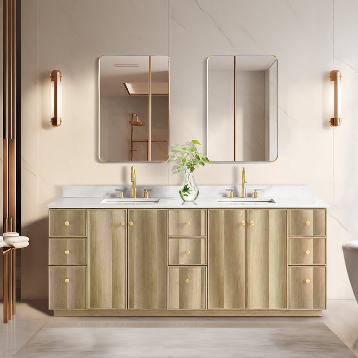 84-Inch Emanate Double Vanity - Natural Oak Finish with White Quartz Top & Undermount Sink