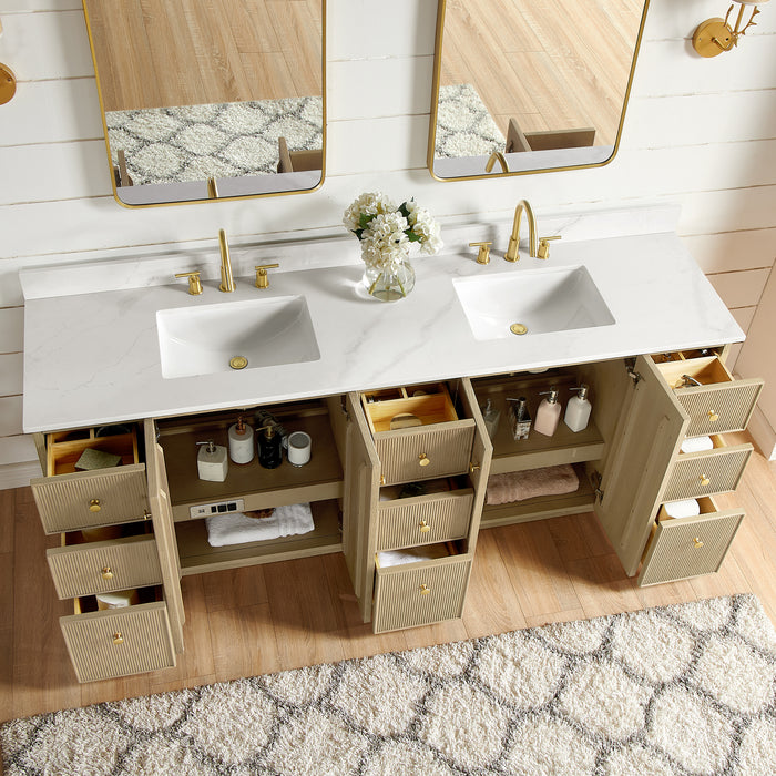 84-Inch Emanate Double Vanity - Natural Oak Finish with White Quartz Top & Undermount Sink