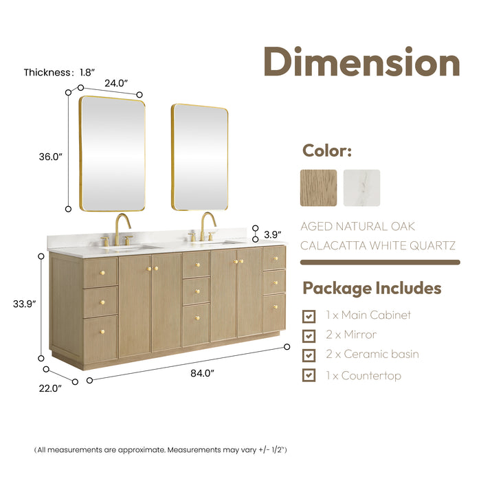 84-Inch Endear Double Sink Bathroom Vanity in Aged Natural Oak - Fish Maw White Quartz Stone Top & Matching Mirror