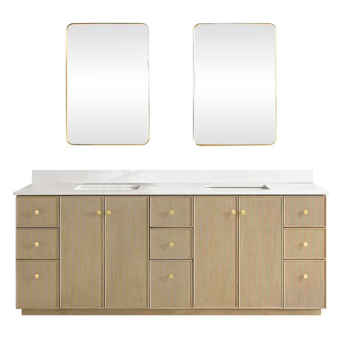 84-Inch Endear Double Sink Bathroom Vanity in Aged Natural Oak - Fish Maw White Quartz Stone Top & Matching Mirror
