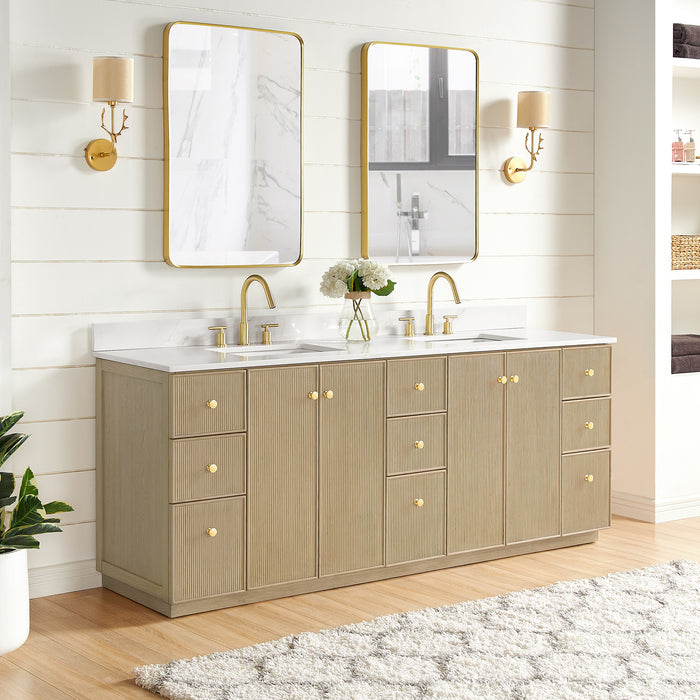 84-Inch Endear Double Sink Bathroom Vanity in Aged Natural Oak - Fish Maw White Quartz Stone Top & Matching Mirror