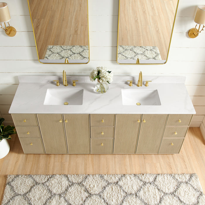 84-Inch Endear Double Sink Bathroom Vanity in Aged Natural Oak - Fish Maw White Quartz Stone Top & Matching Mirror