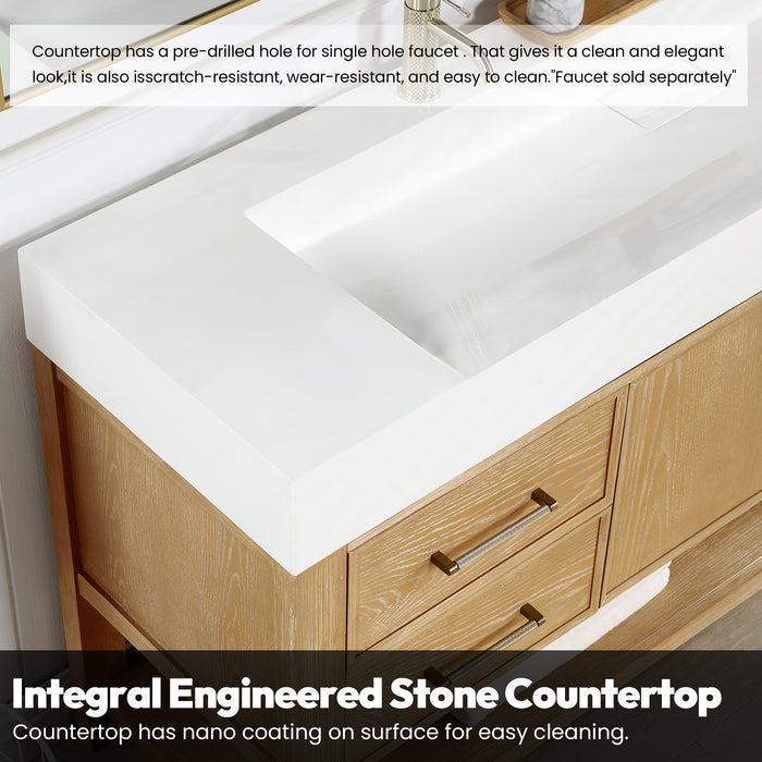 Vera 48" Free-standing Single Bath Vanity in Washed Ash Grey with White Integrated Stone Sink Top and Mirror