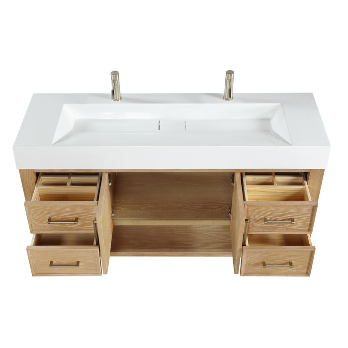 Vera 60" Free-standing Single Bath Vanity in Washed Ash Grey with White Integrated Stone Sink Top